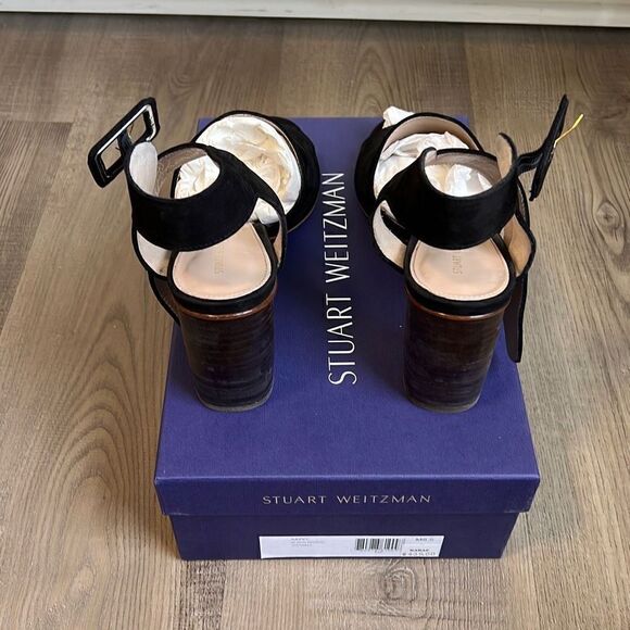 Stuart Weitzman $435 Savvy Side Buckle Black Nubuck Sandals Women’s 8.5 - Picture 8 of 11